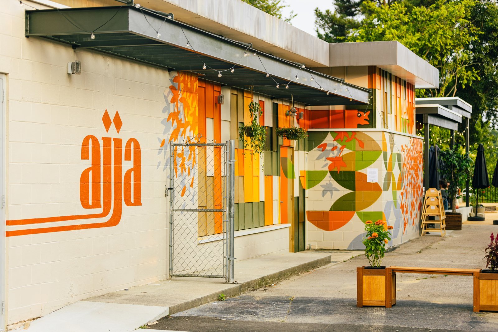 The colorful exterior and patio at Ajja in Raleigh