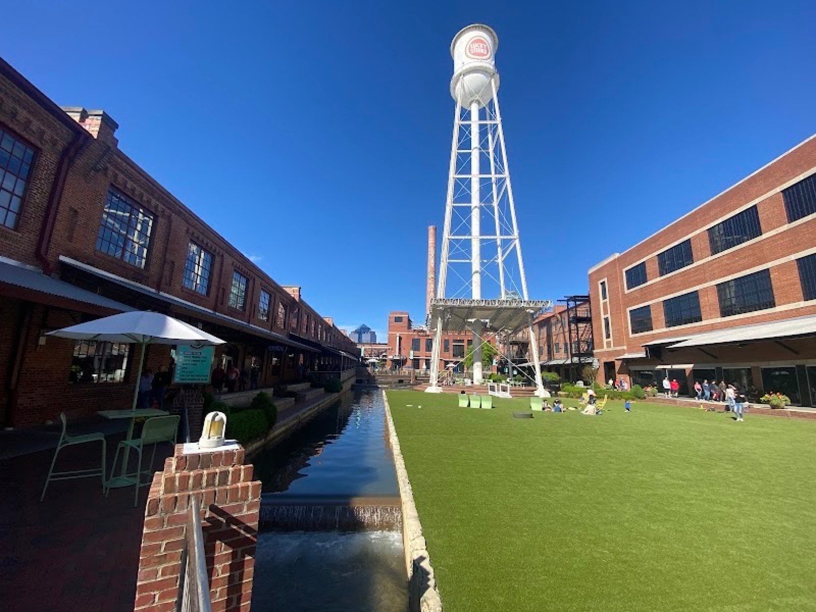 American Tobacco Campus lawn and water tower in downtown Durham