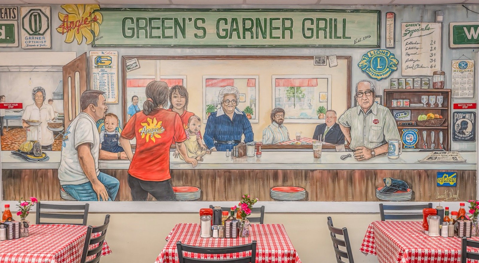 The dining room mural at Angie’s Restaurant in Garner