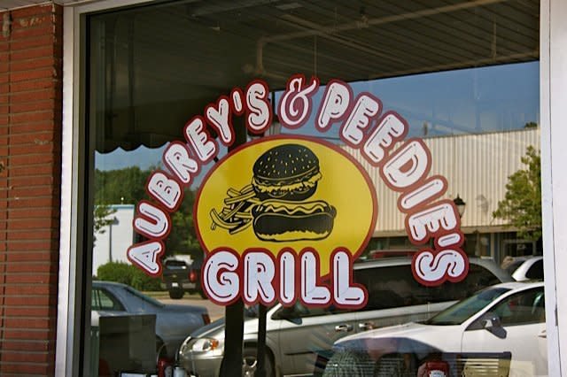 The window sign at Aubrey’s and Peedie’s Grill in Wendell
