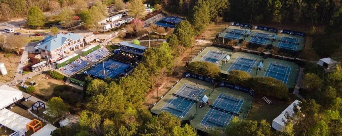 Aerial view of tennis and pickleball courts at Cary Tennis Park
