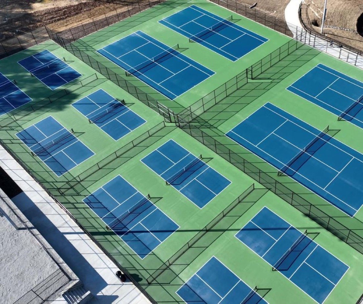 Aerial view of dedicated pickleball and tennis courts at Clayton Community Park