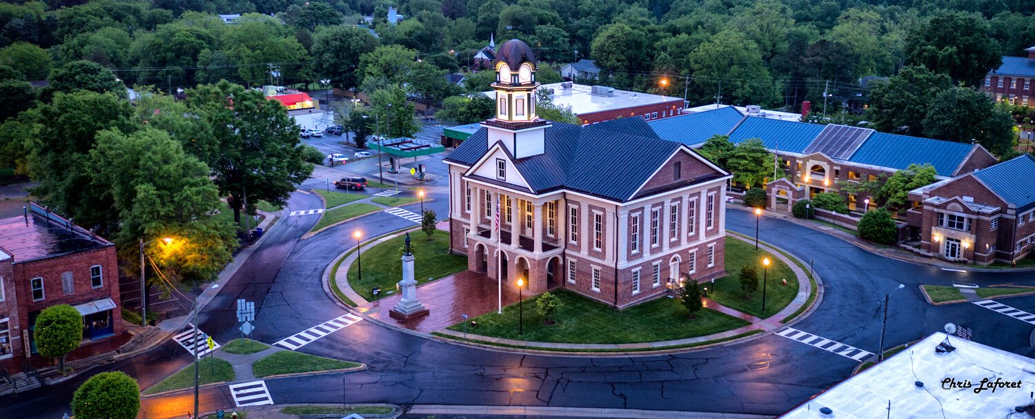 Aerial evening view of the historic Chatham County Courthouse and downtown Pittsboro
