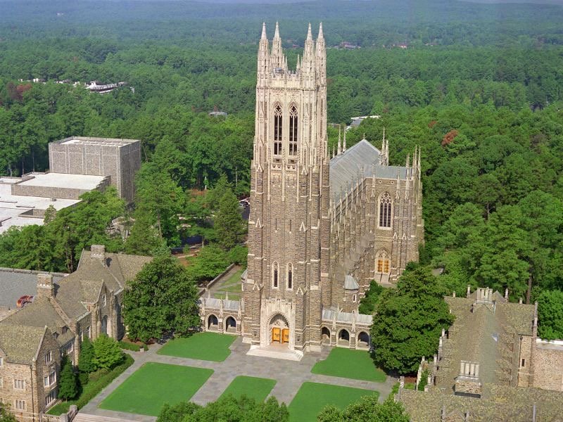 Aerial view of Duke Chapel and the surrounding Gothic buildings on West Campus