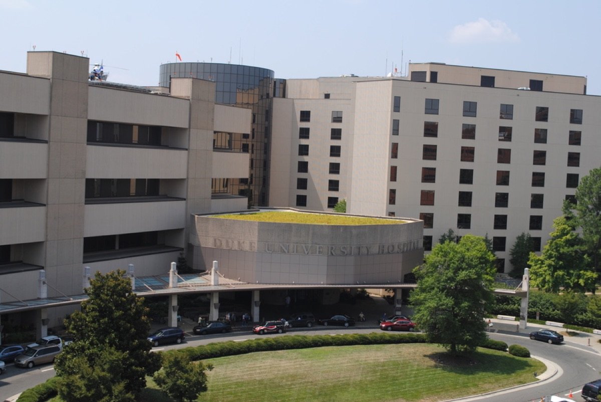 Main entrance and patient tower at Duke University Hospital