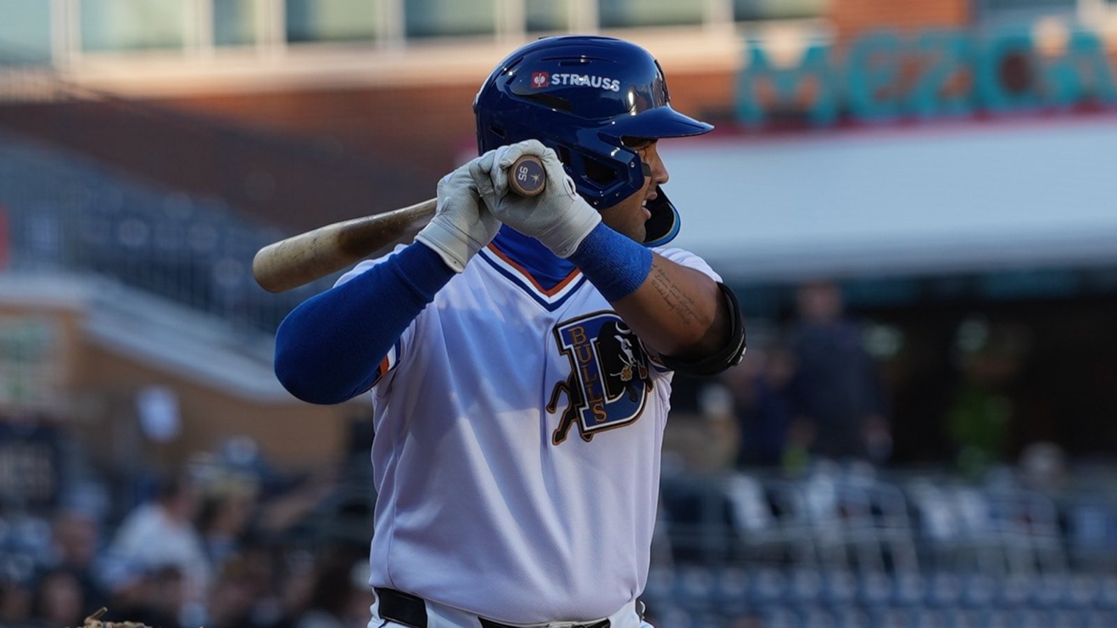 Durham Bulls player at bat during a baseball game
