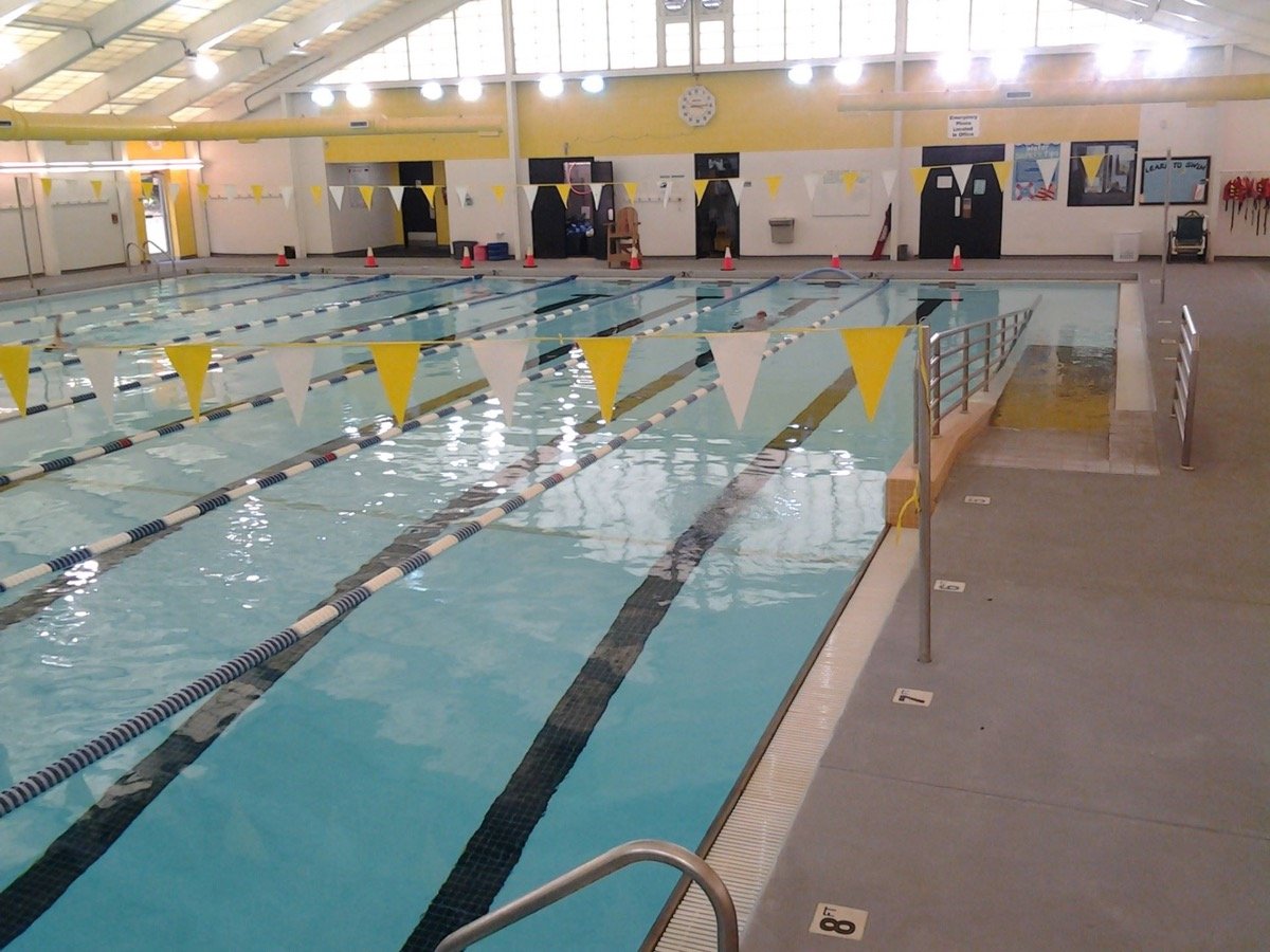 Indoor lap pool and accessible ramp at Edison Johnson Aquatic Center