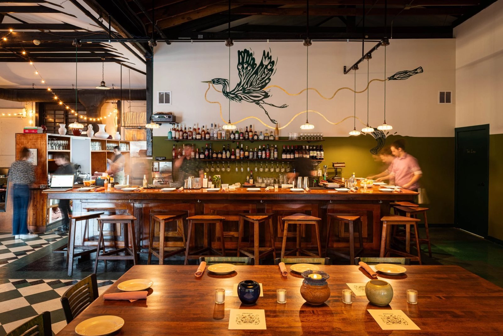 The dining room and open kitchen at Figulina in Raleigh