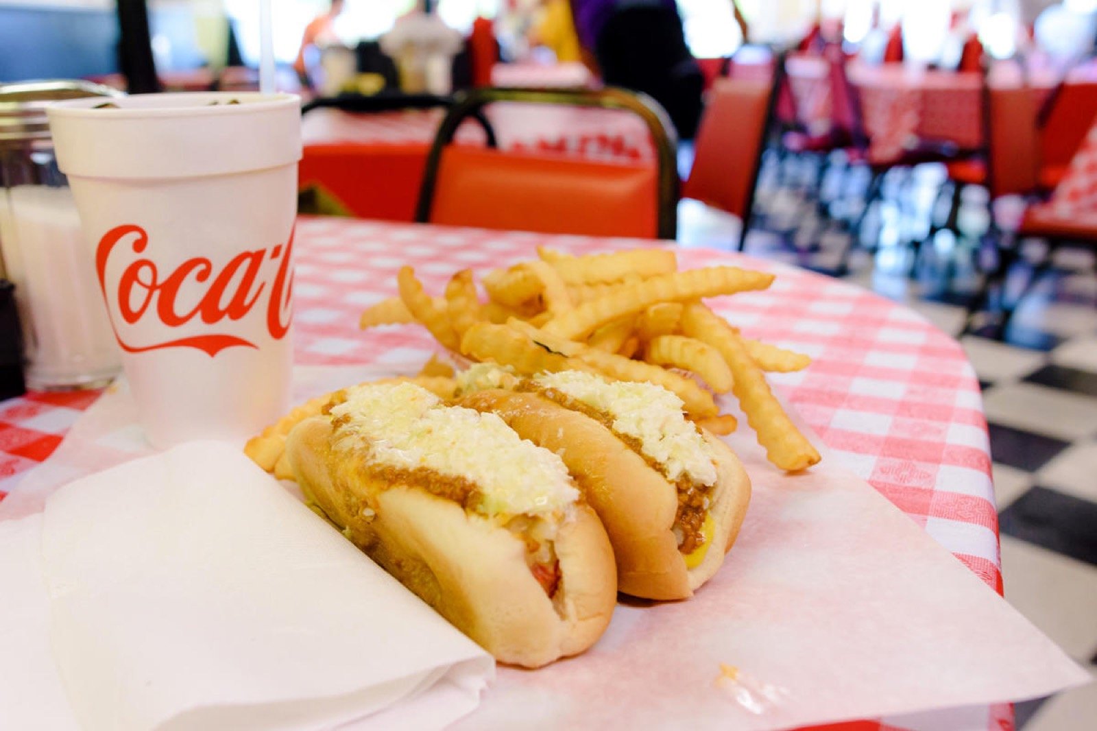 A hot dog, fries, and drink at Jones Cafe in Clayton