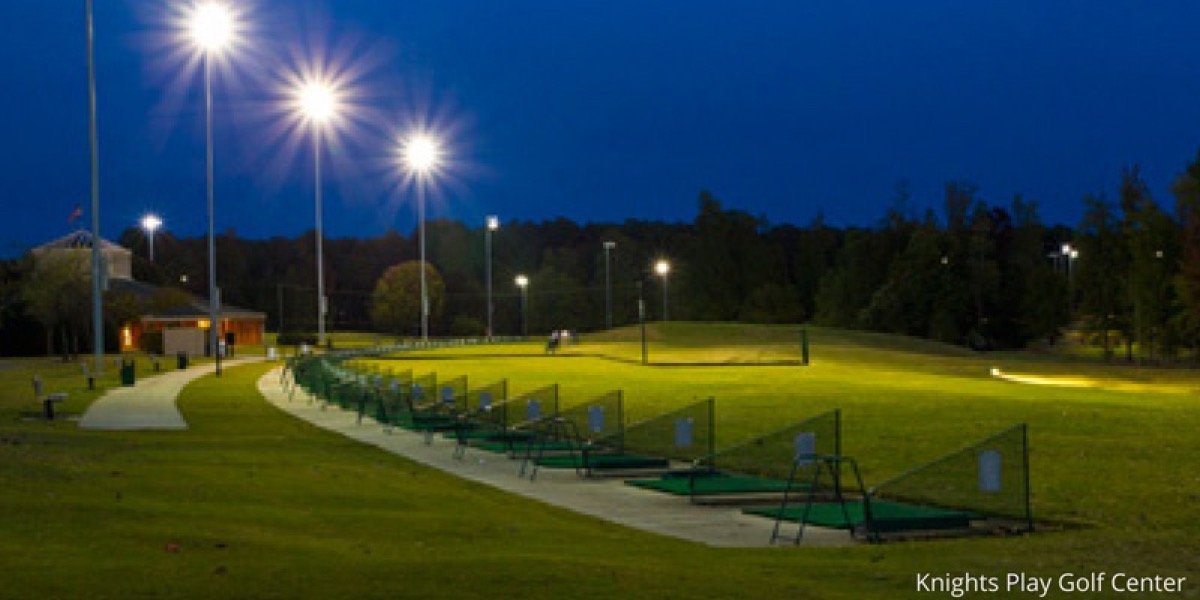 The lighted driving range at Knights Play Golf Center in Apex