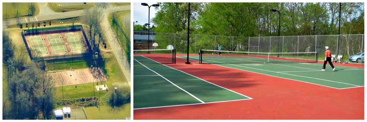 Aerial and courtside views of the shared tennis and pickleball courts at McClenahan Street Park