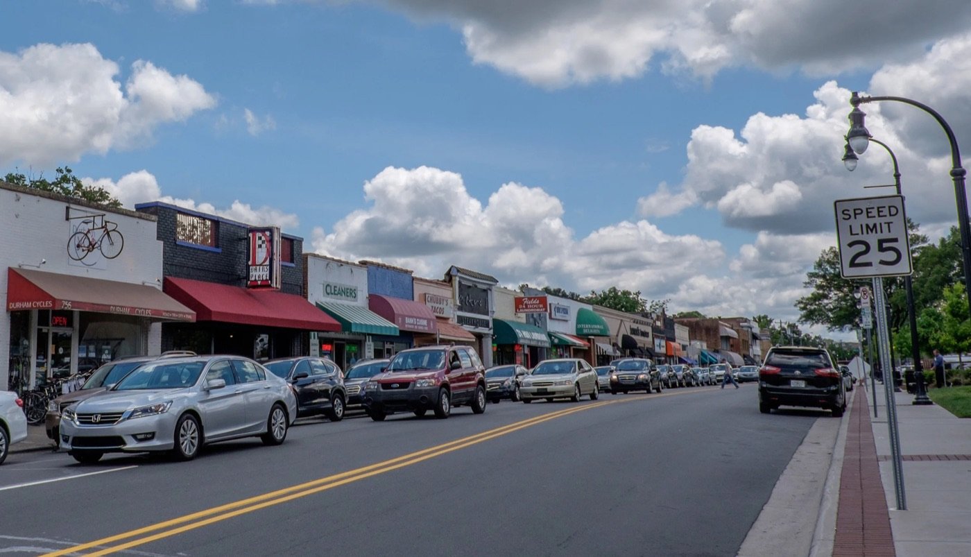 Independent shops and restaurants lining Ninth Street in Durham