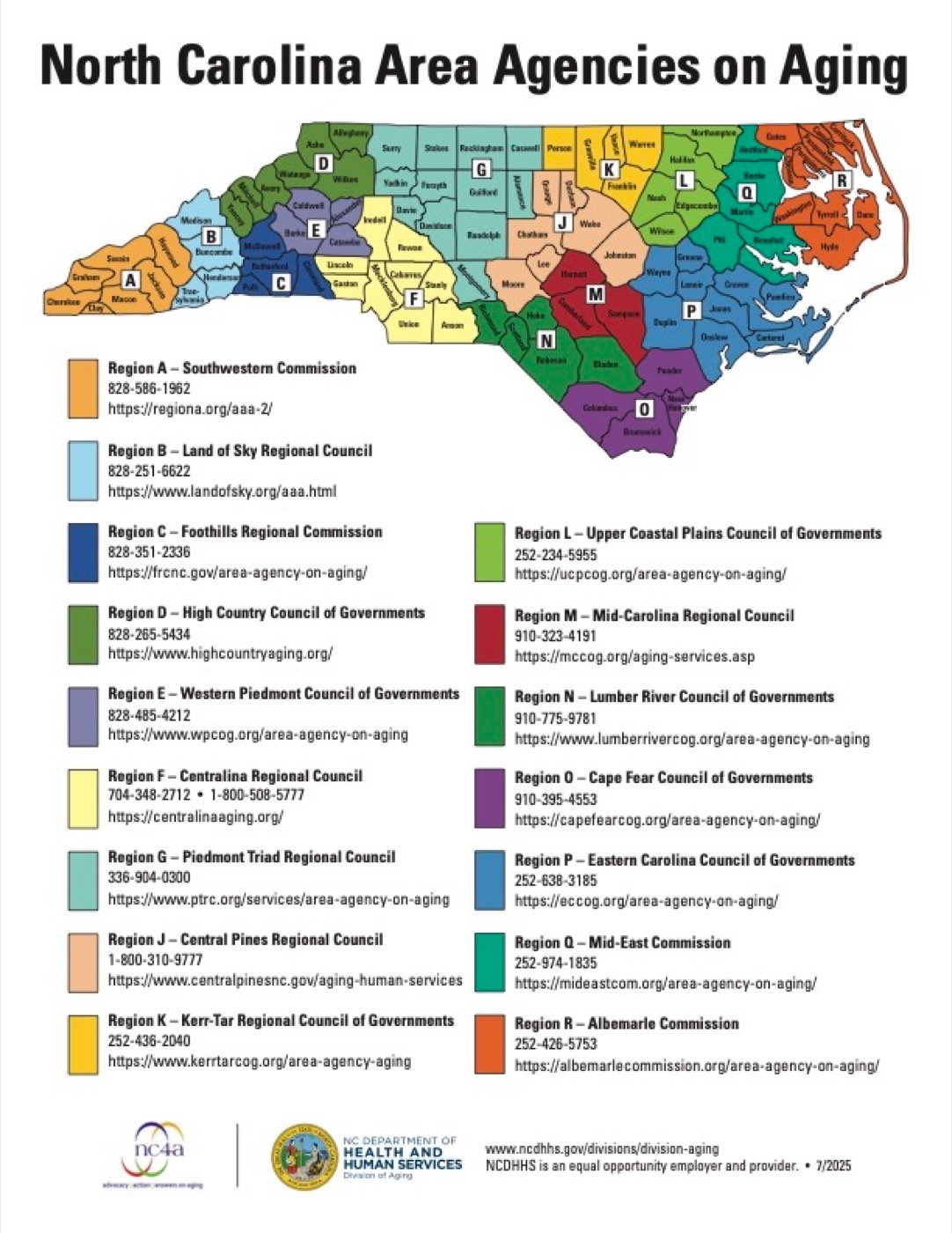 Color-coded map of North Carolina Area Agency on Aging regions