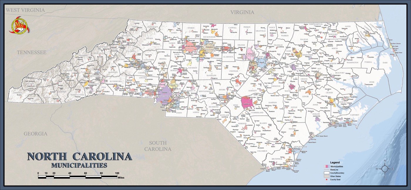 State map showing North Carolina municipalities and county boundaries