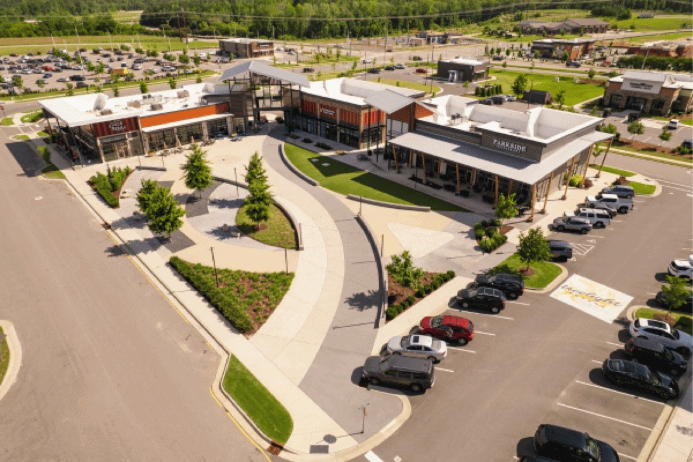 Aerial view of restaurants and landscaped gathering spaces at Treelight Square