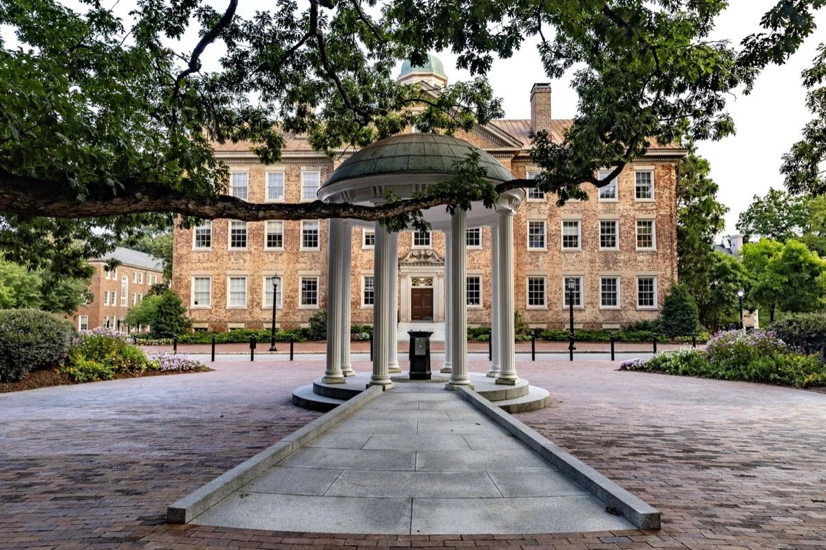 The Old Well framed by trees and historic brick buildings at UNC-Chapel Hill