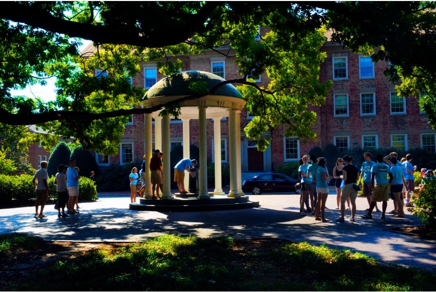 Students in Carolina blue gathered around the Old Well at UNC-Chapel Hill