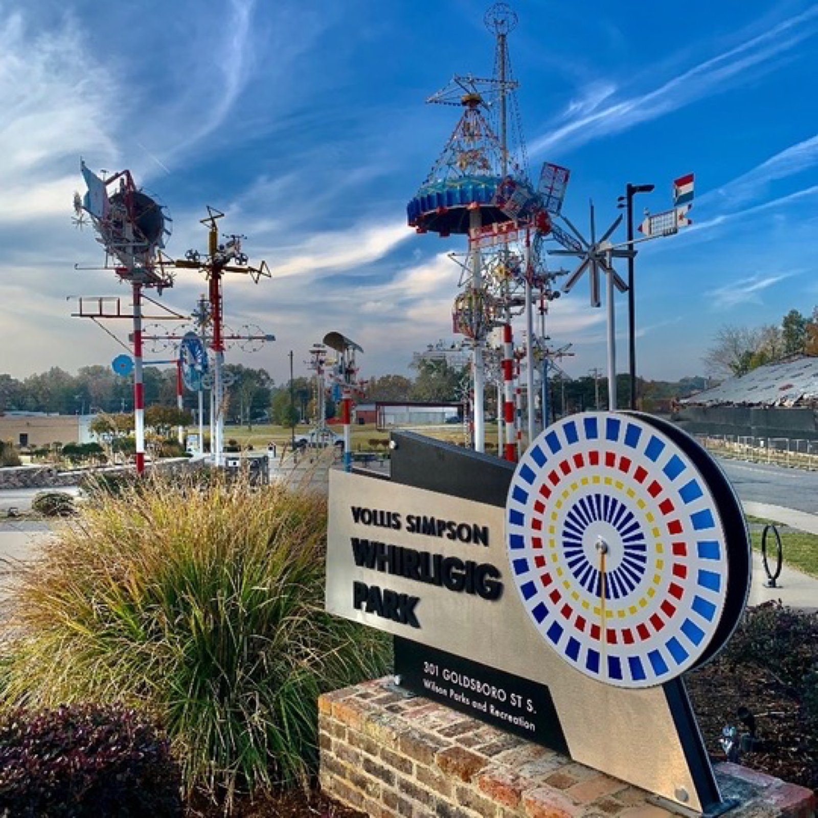 Large kinetic sculptures at Vollis Simpson Whirligig Park in Wilson