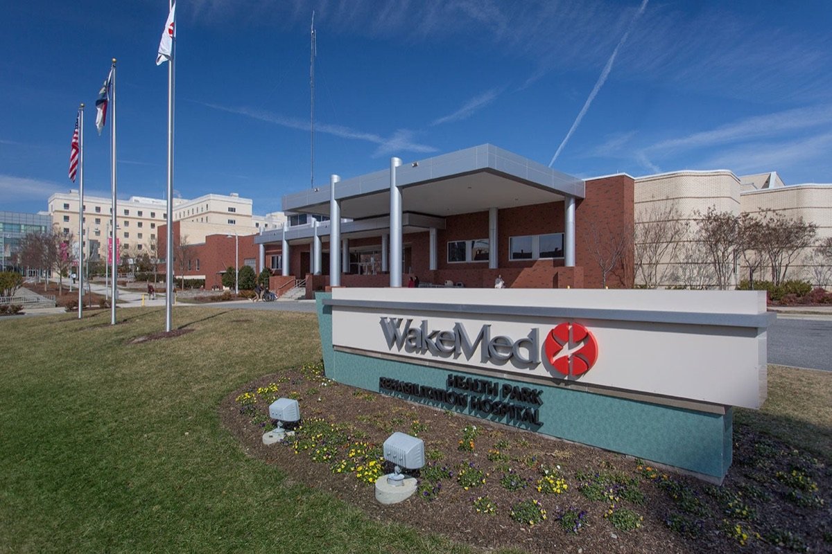 WakeMed Health Park Rehabilitation Hospital entrance and sign
