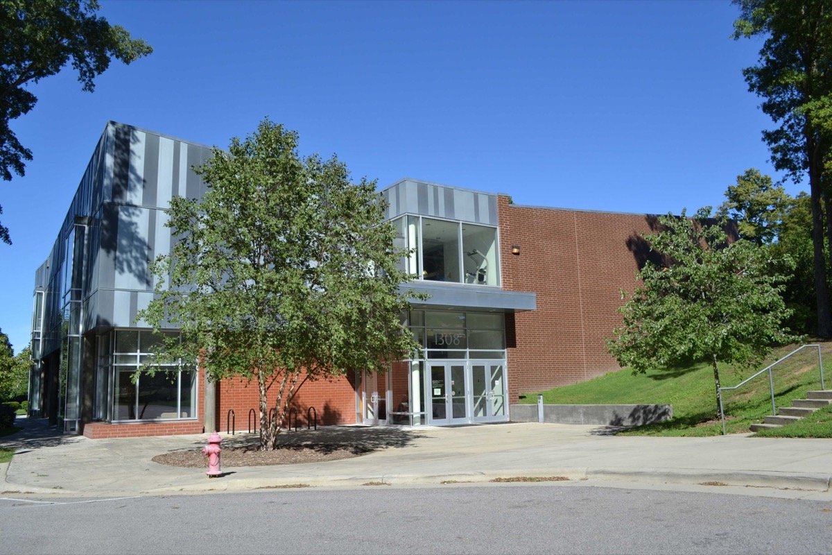 Brick and glass exterior of Walltown Park Recreation Center in Durham
