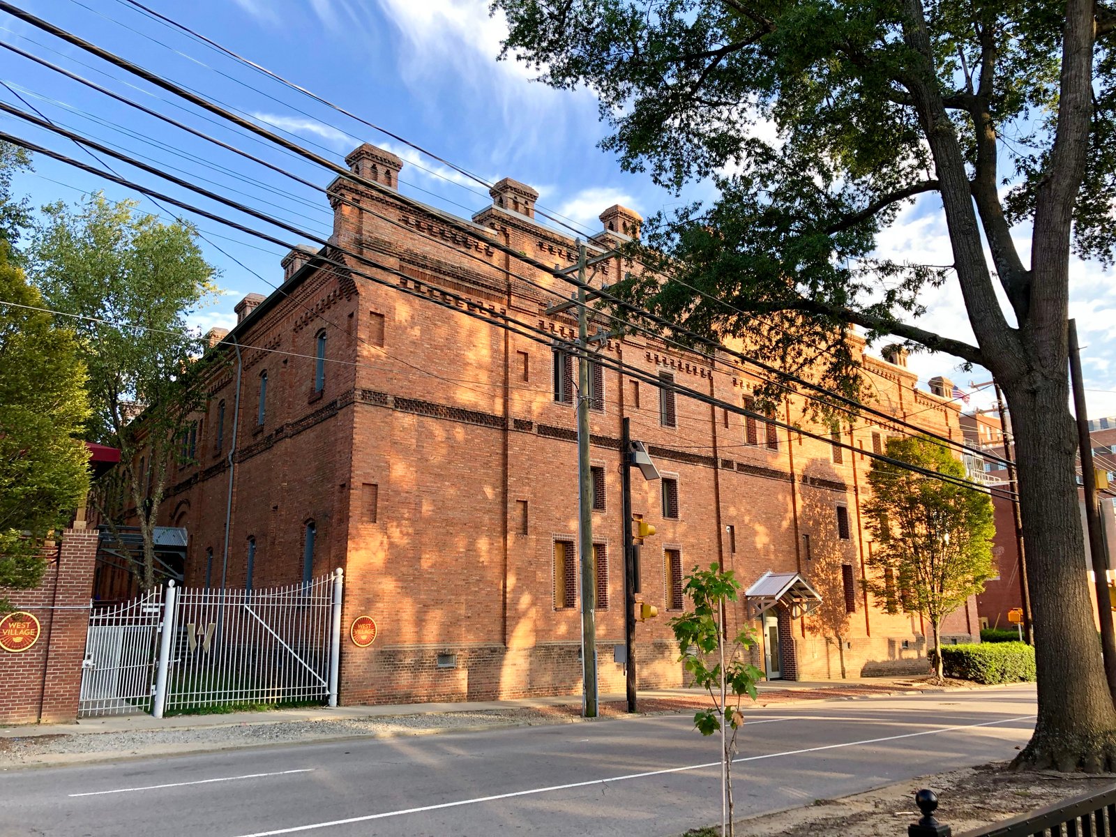 Historic brick West Village warehouse building in Durham, North Carolina