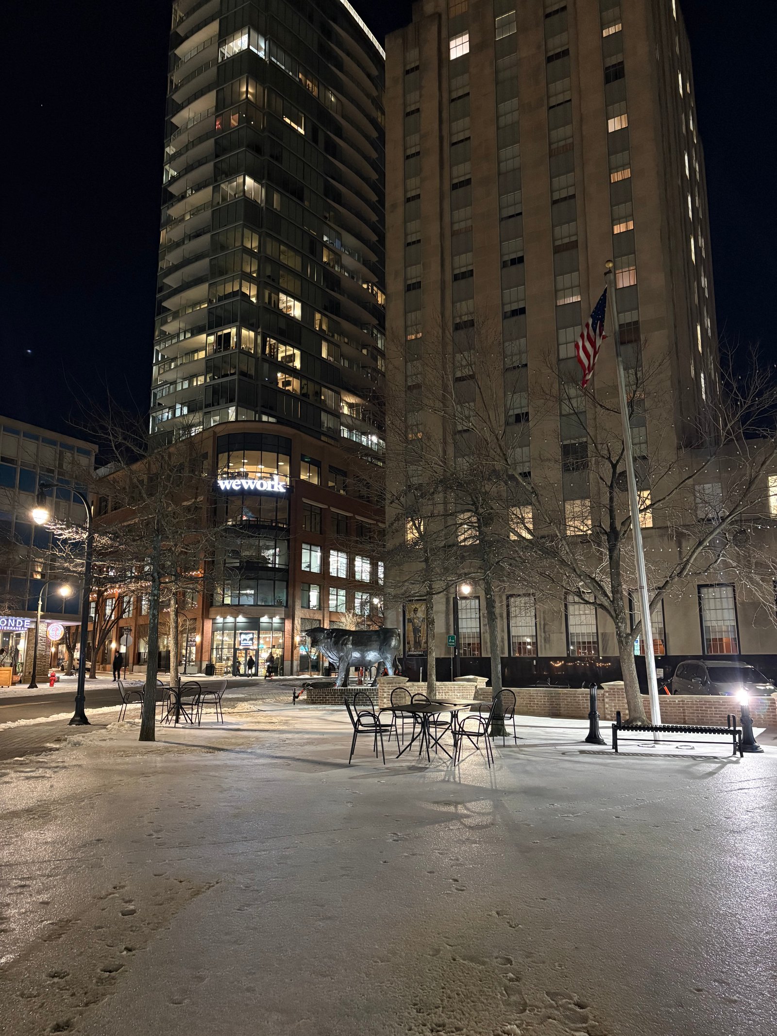 CCB Plaza in downtown Durham on a winter evening