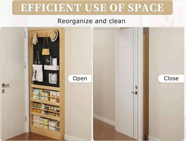 Wall-mounted storage rack concealed behind a door