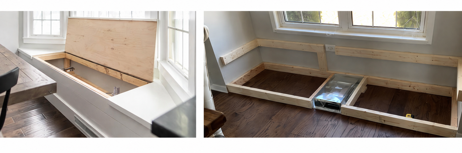 Two bay-window storage benches shown during construction