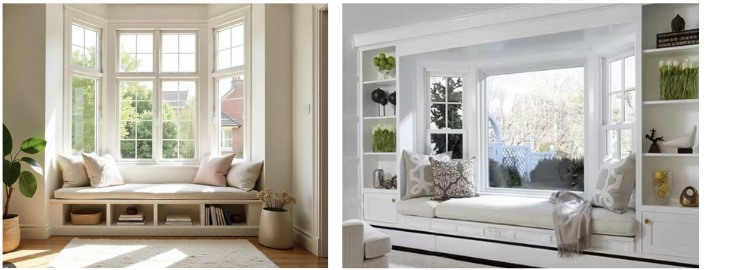 Built-in seating and storage fitted beneath bay windows