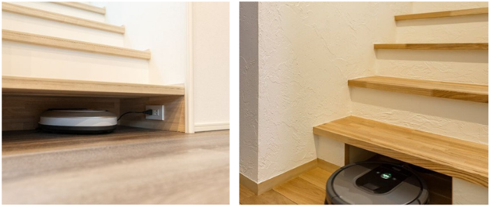 Robot vacuum storage built beneath stairs and cabinetry