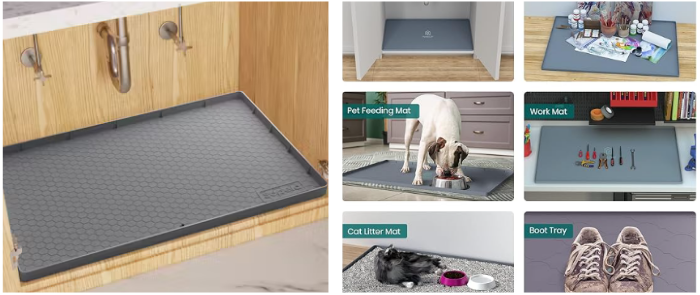 Waterproof silicone liner protecting the floor of a sink cabinet